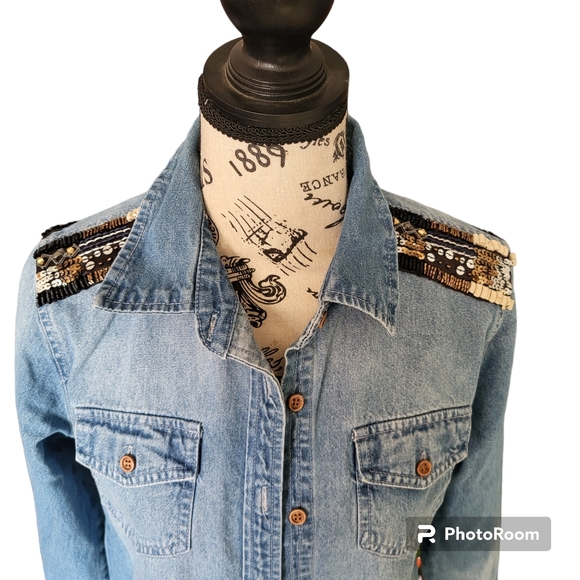 Miss Me womens denim button up western rodeo boho cowgirl beaded embellish top - Picture 3 of 12